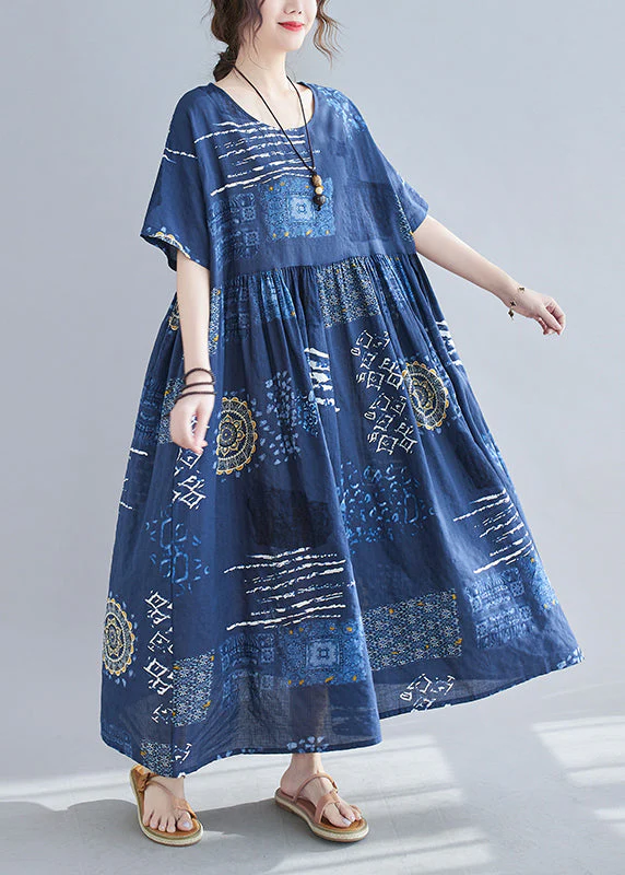 Loose Blue O-Neck Print wrinkled Beach Dress Short Sleeve - Image 4