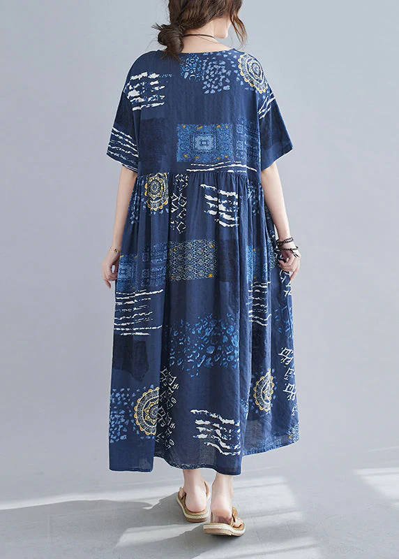 Loose Blue O-Neck Print wrinkled Beach Dress Short Sleeve - Image 5