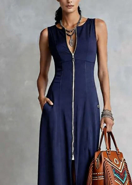 Loose Blue O-Neck Zippered Patchwork Solid Maxi Dress Sleeveless - Image 2