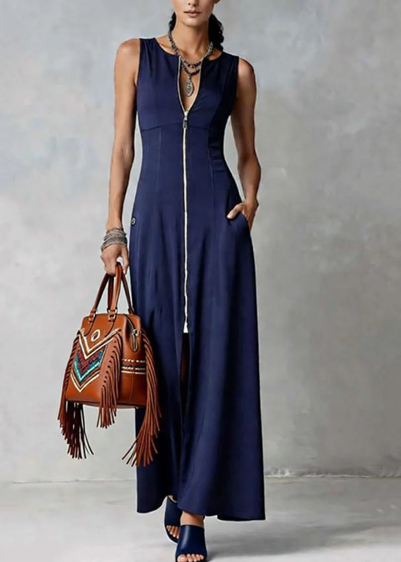 Loose Blue O-Neck Zippered Patchwork Solid Maxi Dress Sleeveless - Image 3