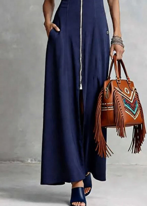 Loose Blue O-Neck Zippered Patchwork Solid Maxi Dress Sleeveless - Image 4