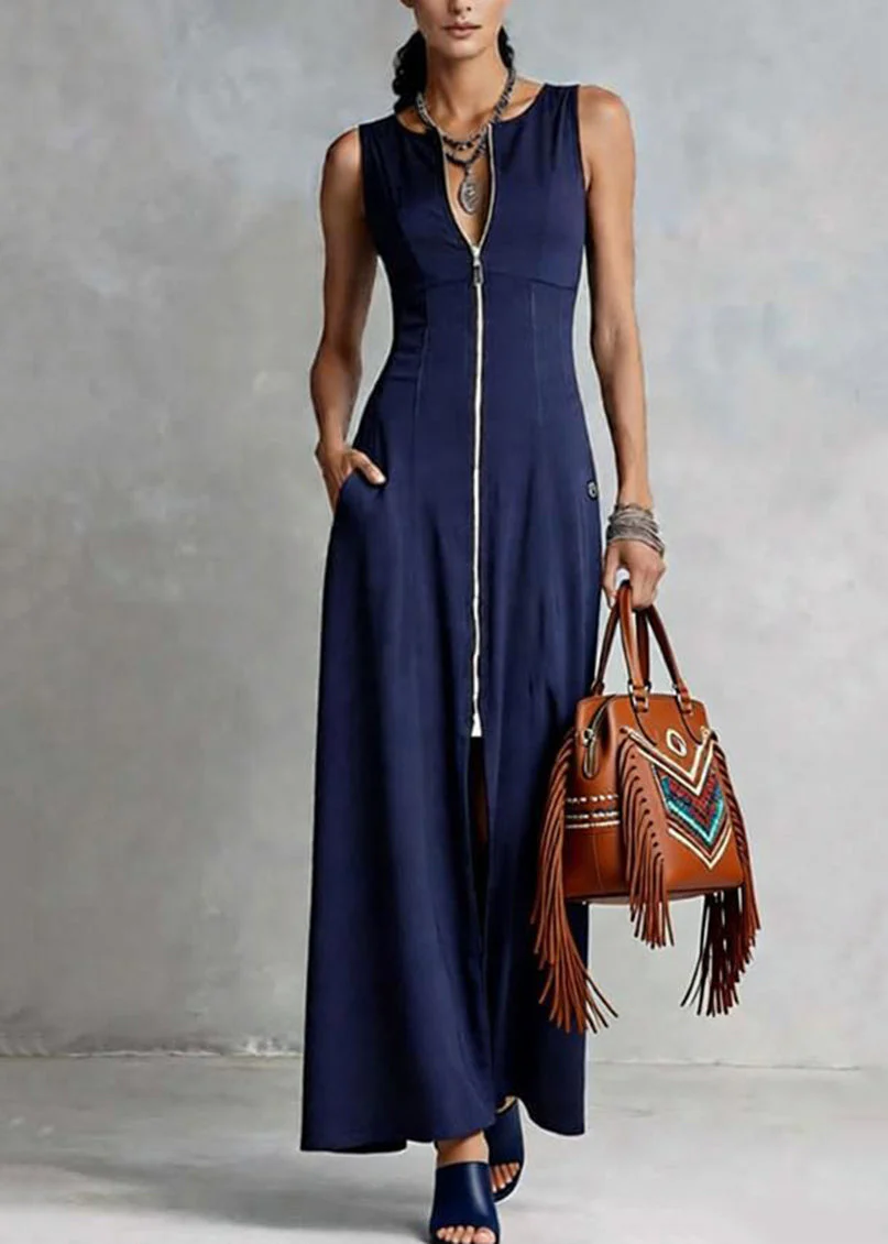 Loose Blue O-Neck Zippered Patchwork Solid Maxi Dress Sleeveless - Image 5