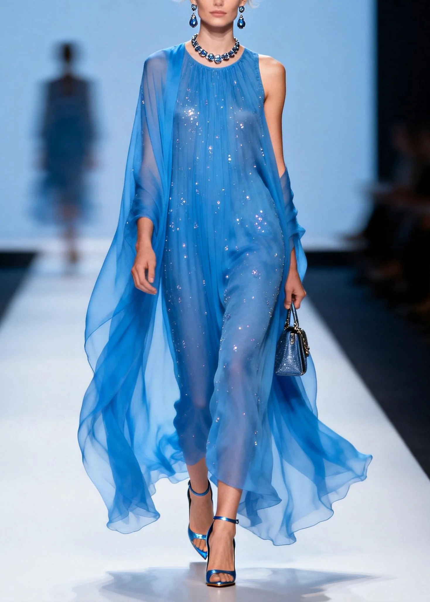 Loose Blue O Neck Zircon Patchwork Chiffon Dresses Summer - Image 3