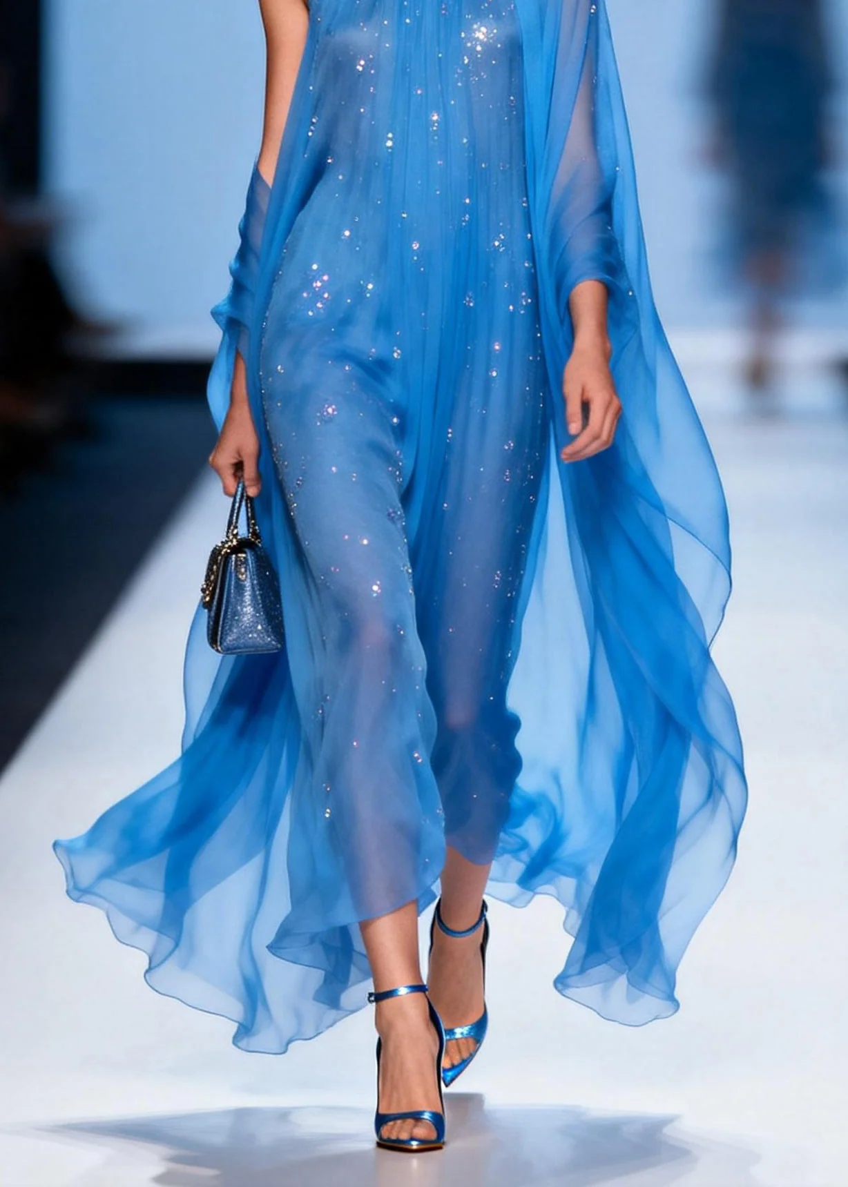 Loose Blue O Neck Zircon Patchwork Chiffon Dresses Summer - Image 4