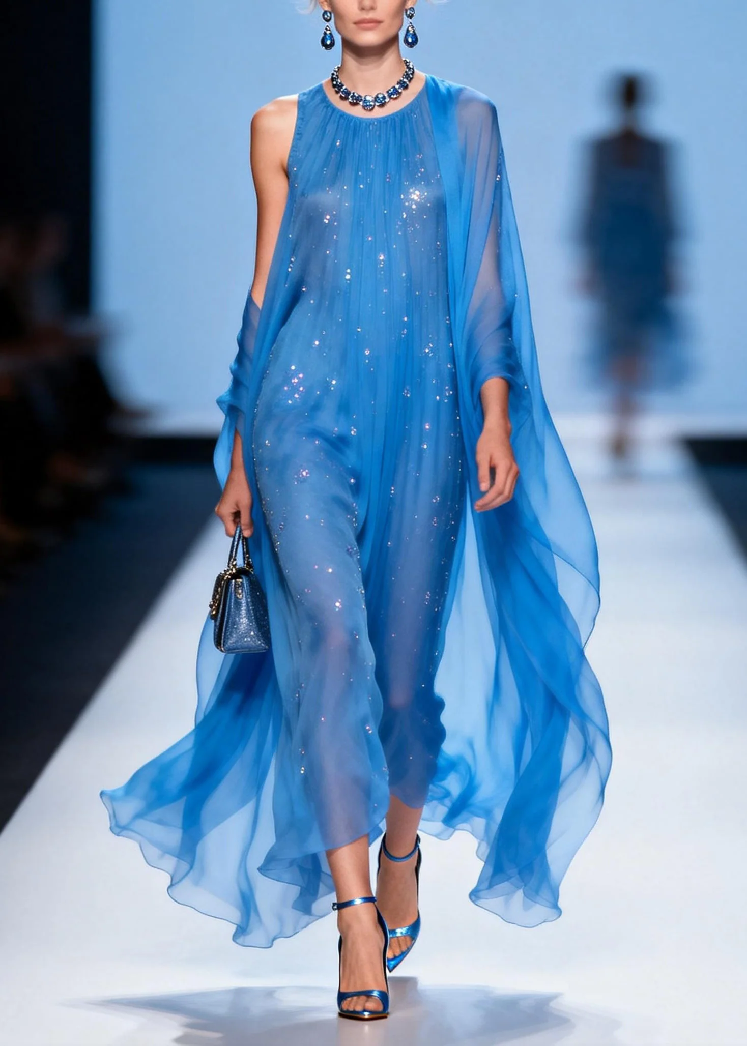 Loose Blue O Neck Zircon Patchwork Chiffon Dresses Summer - Image 5