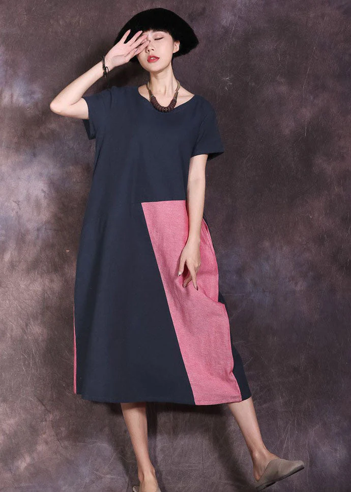 Loose Blue Patchwork Cotton Vacation Dresses Short Sleeve - Image 2