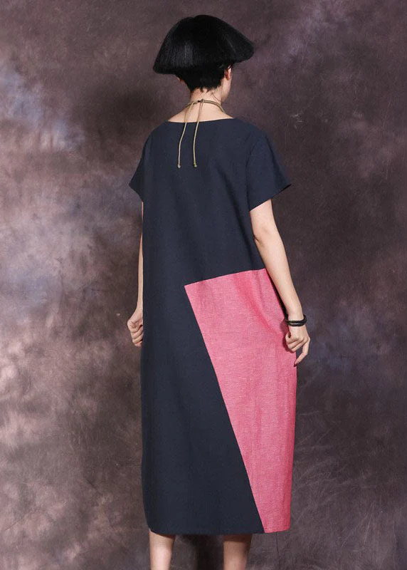 Loose Blue Patchwork Cotton Vacation Dresses Short Sleeve - Image 3
