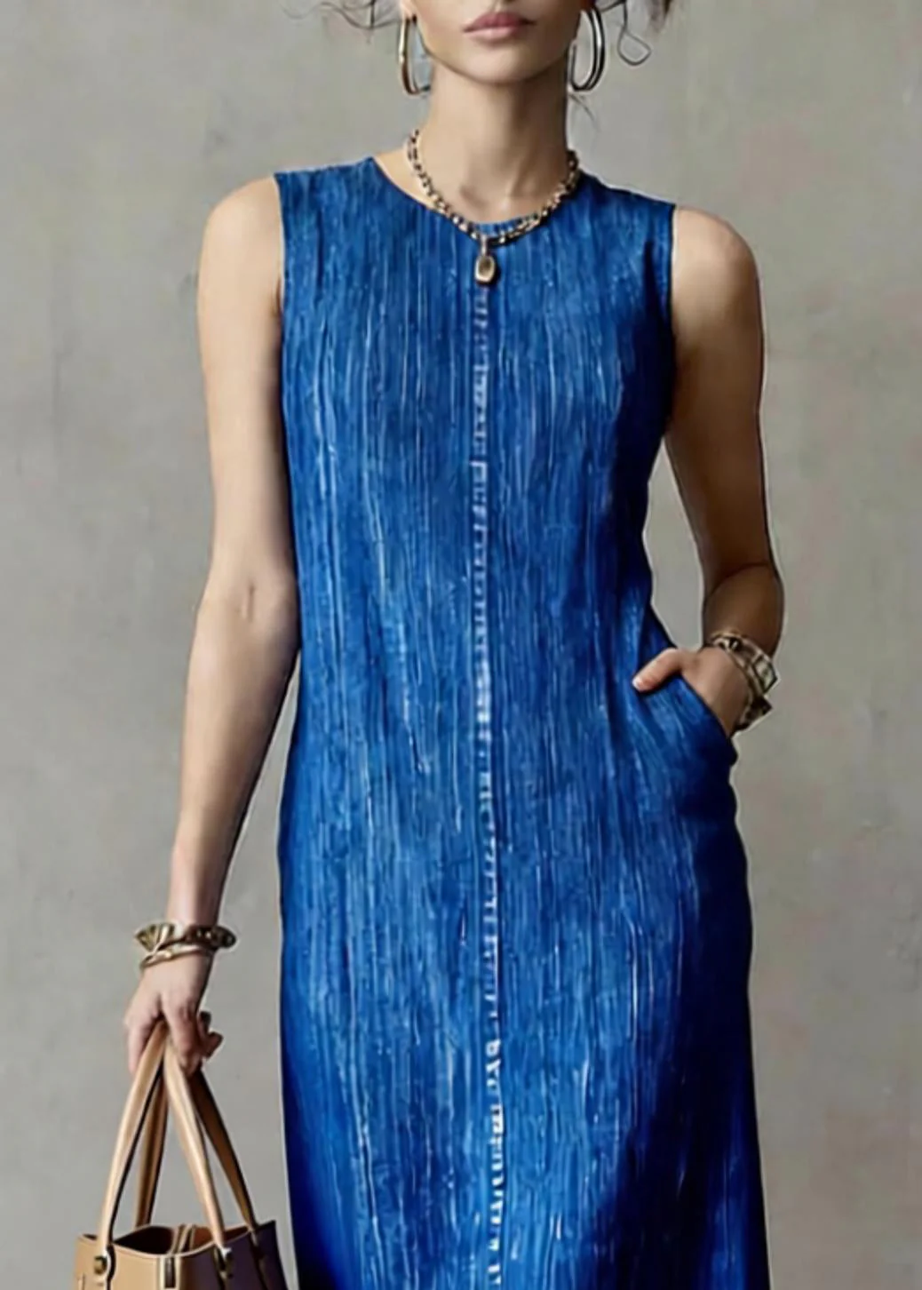 Loose Blue Patchwork Denim Long Dress O-Neck Summer - Image 2