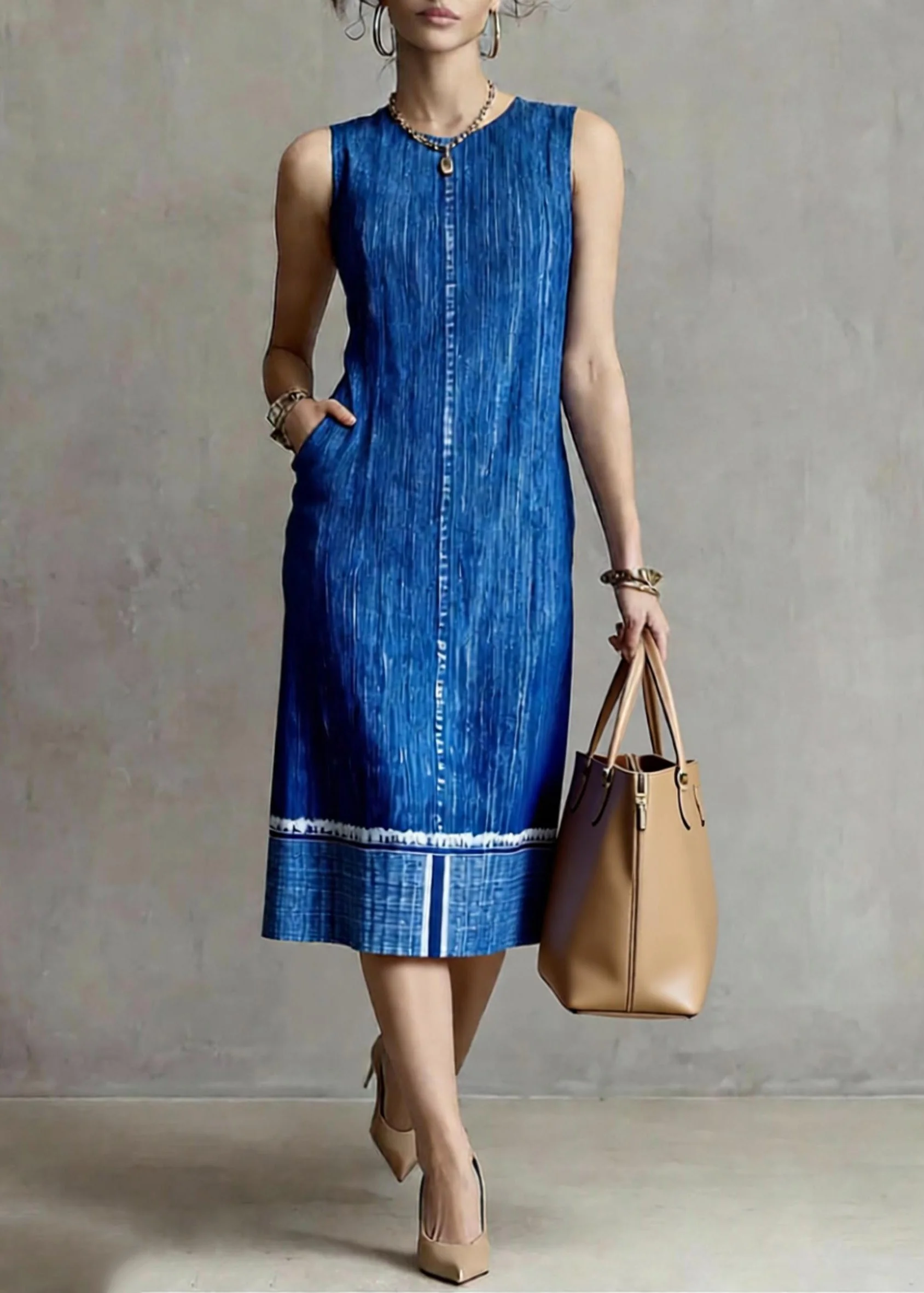 Loose Blue Patchwork Denim Long Dress O-Neck Summer - Image 3
