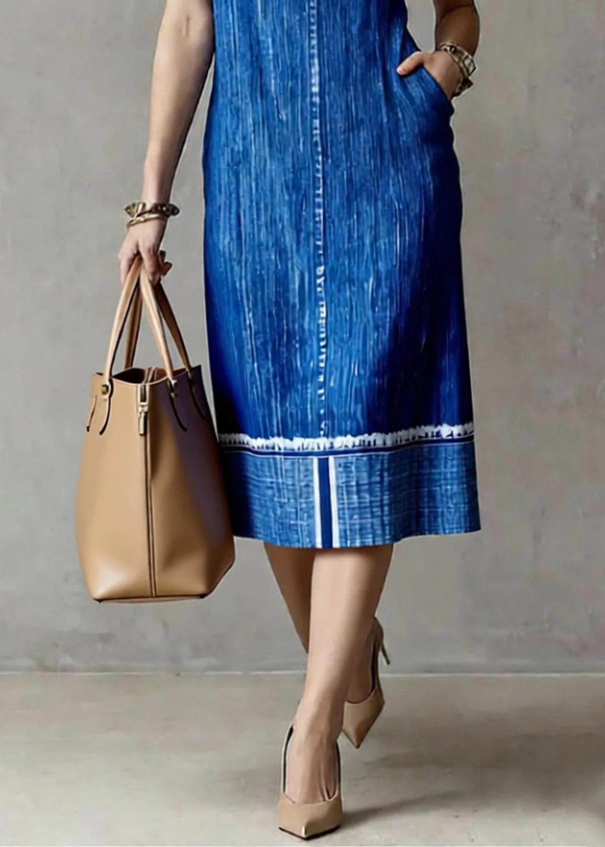 Loose Blue Patchwork Denim Long Dress O-Neck Summer - Image 4