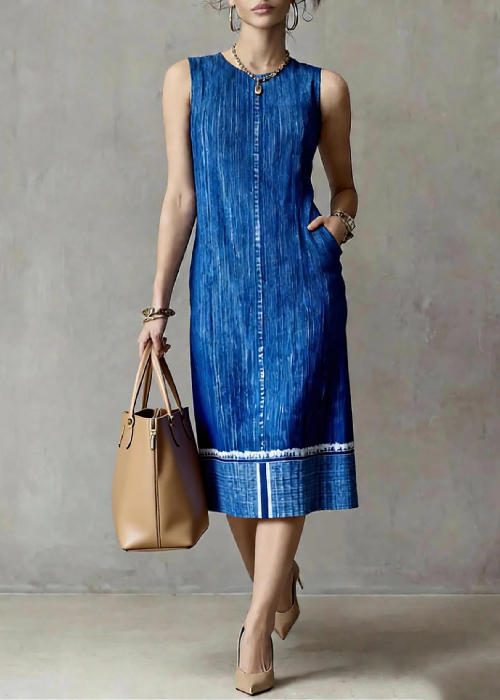 Loose Blue Patchwork Denim Long Dress O-Neck Summer - Image 5