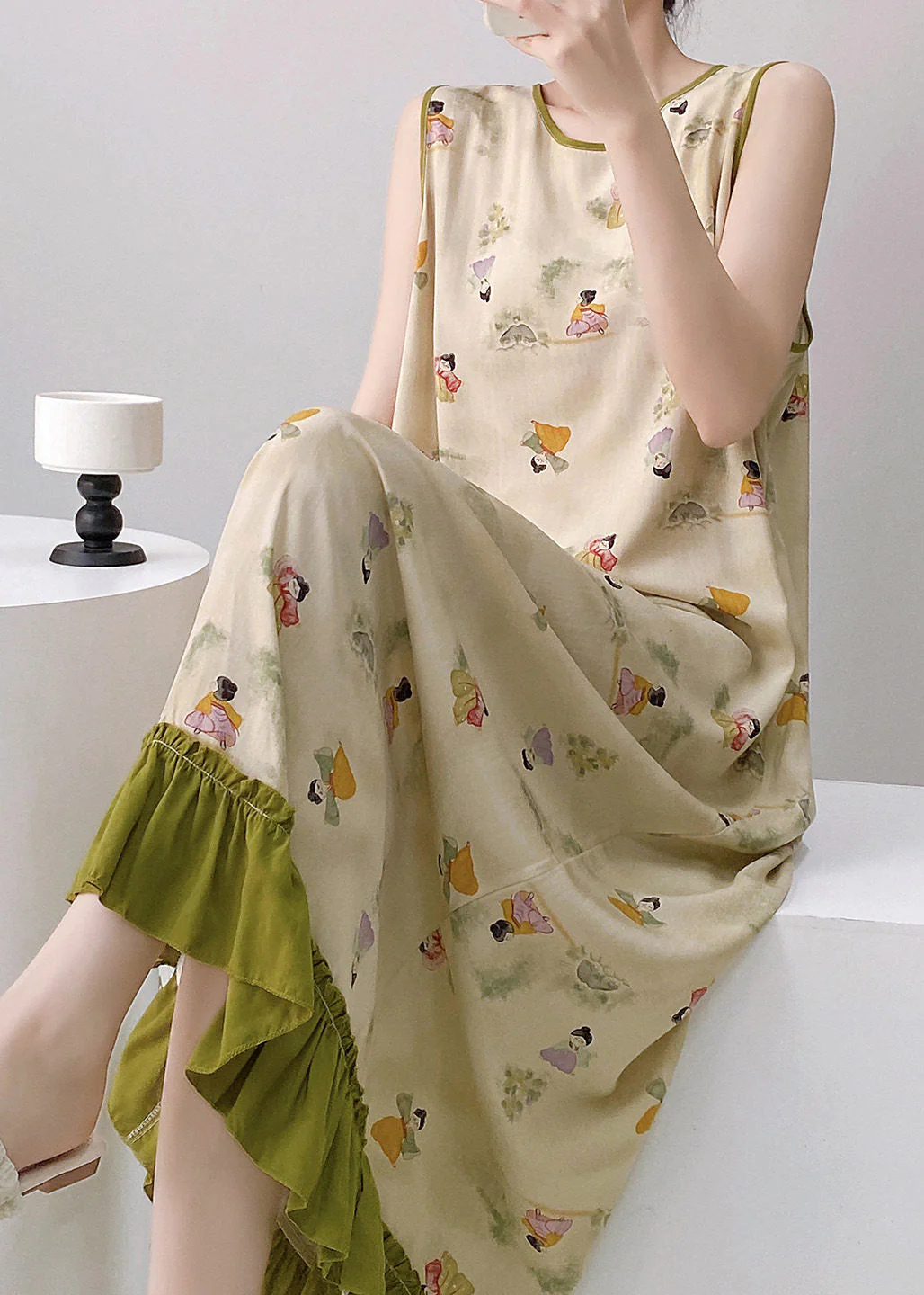 Loose Blue Patchwork Ruffled Maxi Dresses Sleeveless - Image 2