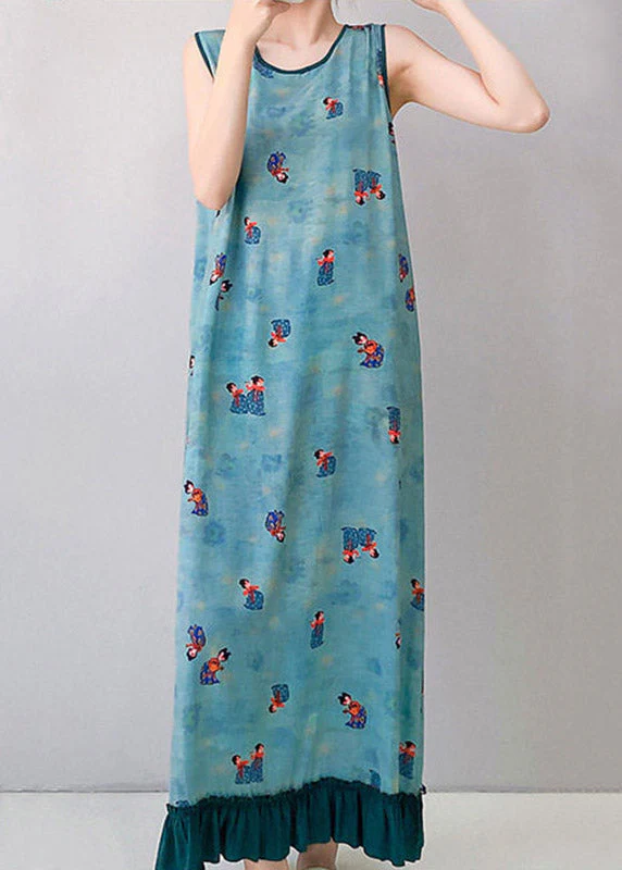Loose Blue Patchwork Ruffled Maxi Dresses Sleeveless - Image 4