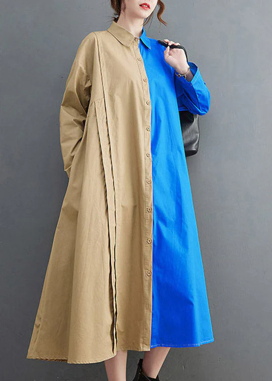 Loose Blue Peter Pan Collar Button asymmetrical design Pockets Shirt Dresses Spring - Image 2