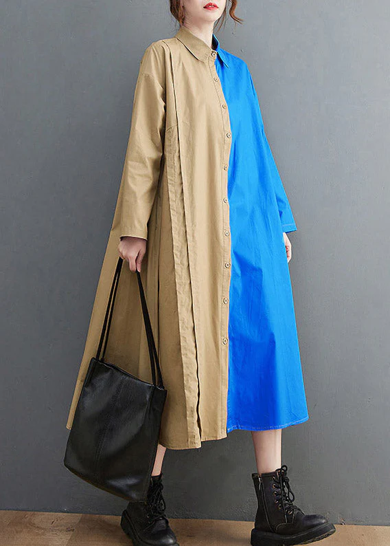 Loose Blue Peter Pan Collar Button asymmetrical design Pockets Shirt Dresses Spring - Image 3