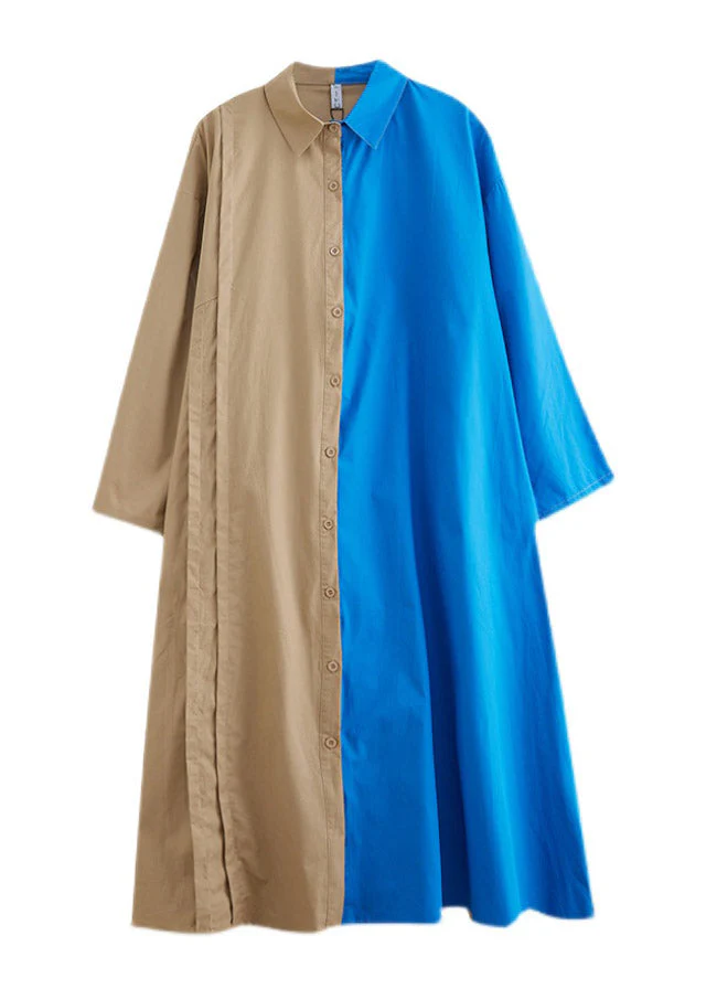Loose Blue Peter Pan Collar Button asymmetrical design Pockets Shirt Dresses Spring - Image 5
