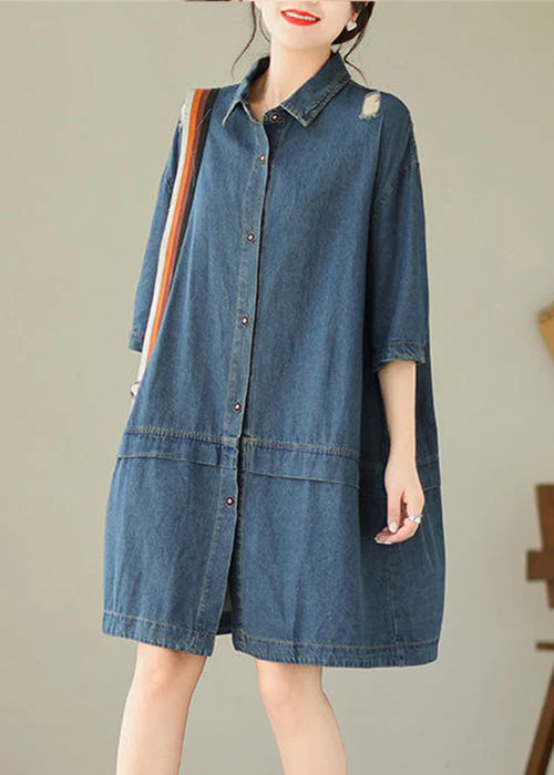 Loose Blue Peter Pan Collar Button Denim Mid Dress Half Sleeve - Image 3