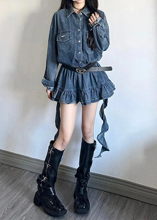 Loose Blue Peter Pan Collar Button Denim Mini Dresses Fall