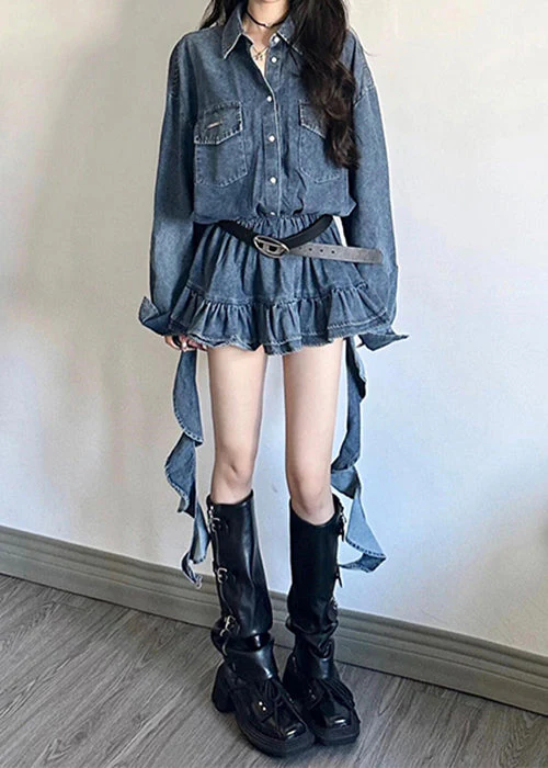 Loose Blue Peter Pan Collar Button Denim Mini Dresses Fall - Image 2