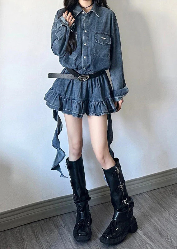 Loose Blue Peter Pan Collar Button Denim Mini Dresses Fall - Image 3