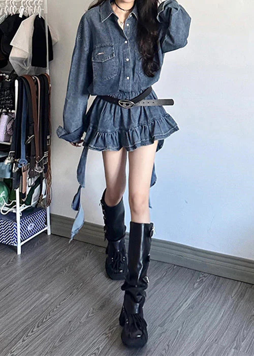 Loose Blue Peter Pan Collar Button Denim Mini Dresses Fall - Image 4