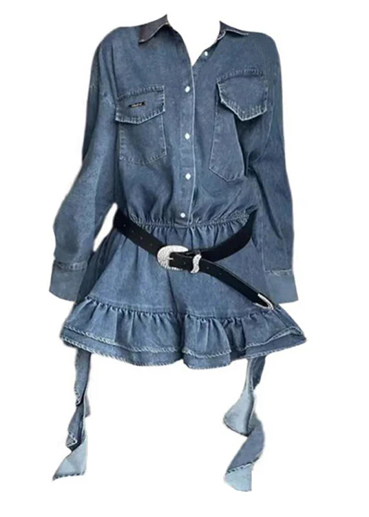 Loose Blue Peter Pan Collar Button Denim Mini Dresses Fall - Image 5