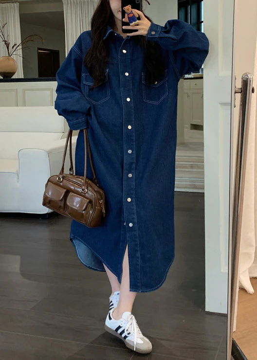Loose Blue Peter Pan Collar Button Denim Shirts Dresses Spring - Image 2