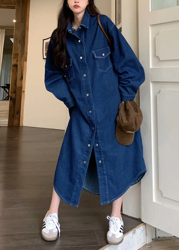 Loose Blue Peter Pan Collar Button Denim Shirts Dresses Spring - Image 3