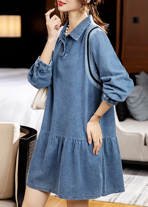 Loose Blue Peter Pan Collar Patchwork Denim Mid Dress Fall - Image 2