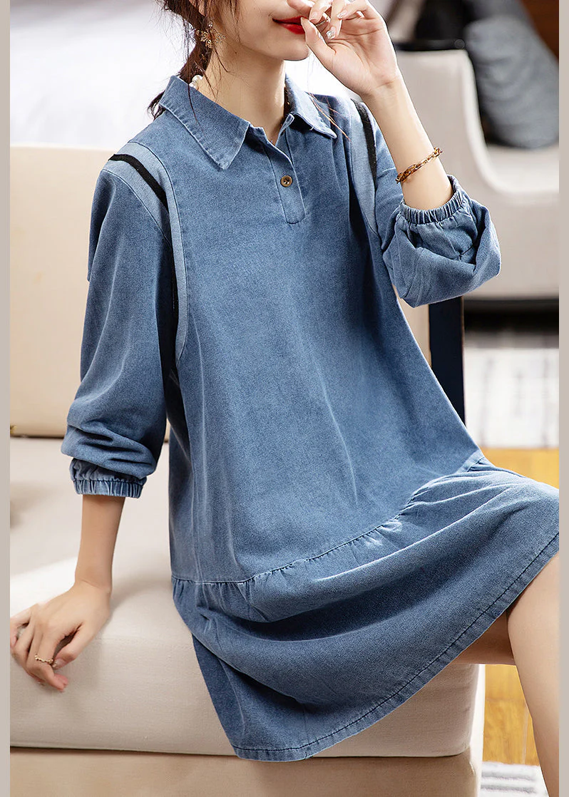 Loose Blue Peter Pan Collar Patchwork Denim Mid Dress Fall - Image 3