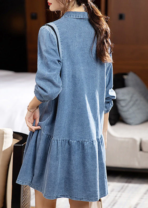 Loose Blue Peter Pan Collar Patchwork Denim Mid Dress Fall - Image 4