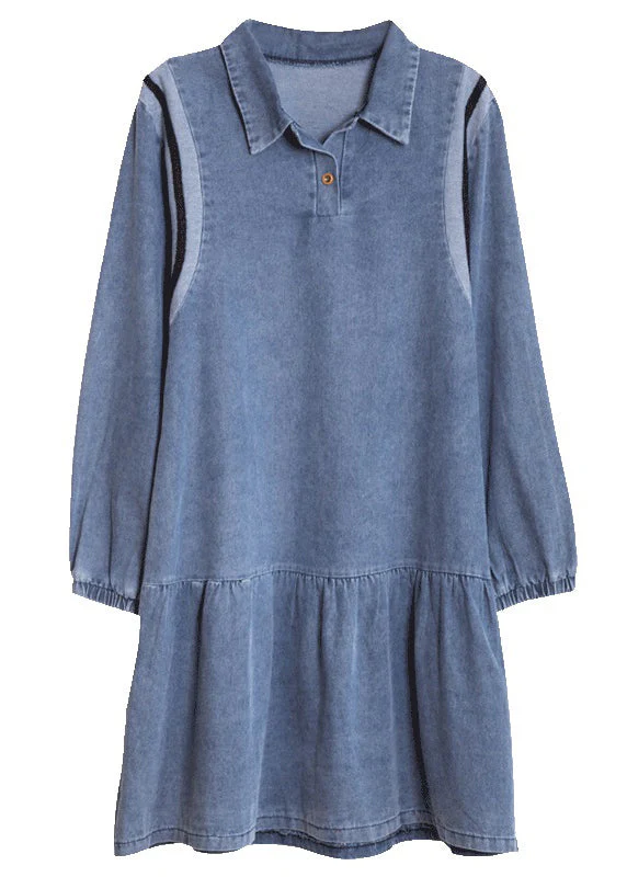 Loose Blue Peter Pan Collar Patchwork Denim Mid Dress Fall - Image 5