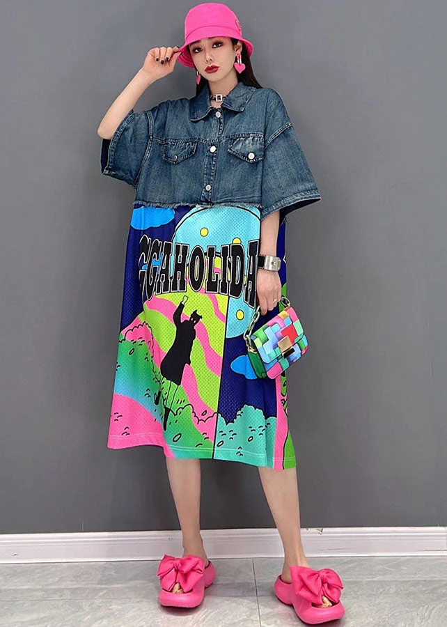 Loose Blue Peter Pan Collar Patchwork Print Cotton Streetwear Denim Dress Short Sleeve - Image 2
