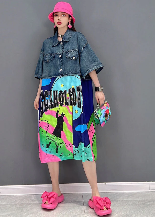 Loose Blue Peter Pan Collar Patchwork Print Cotton Streetwear Denim Dress Short Sleeve - Image 3