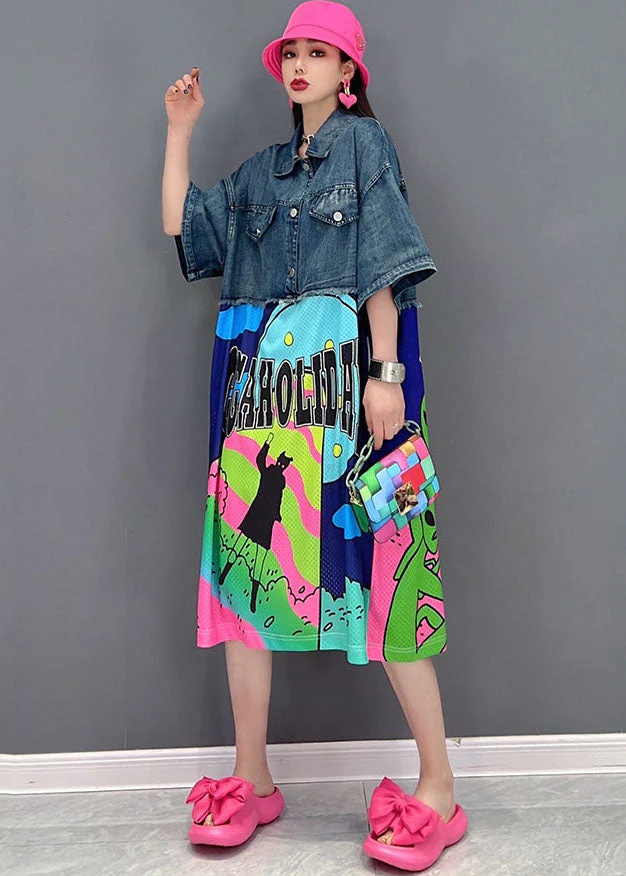 Loose Blue Peter Pan Collar Patchwork Print Cotton Streetwear Denim Dress Short Sleeve - Image 4