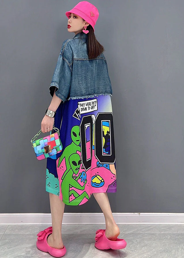Loose Blue Peter Pan Collar Patchwork Print Cotton Streetwear Denim Dress Short Sleeve - Image 5