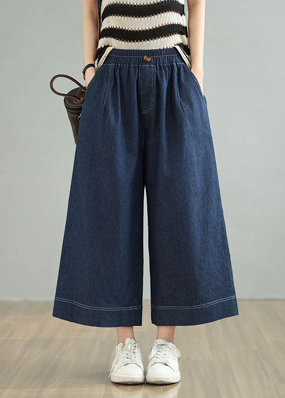 Loose Blue Pockets Elastic Waist Denim Crop Pants Spring