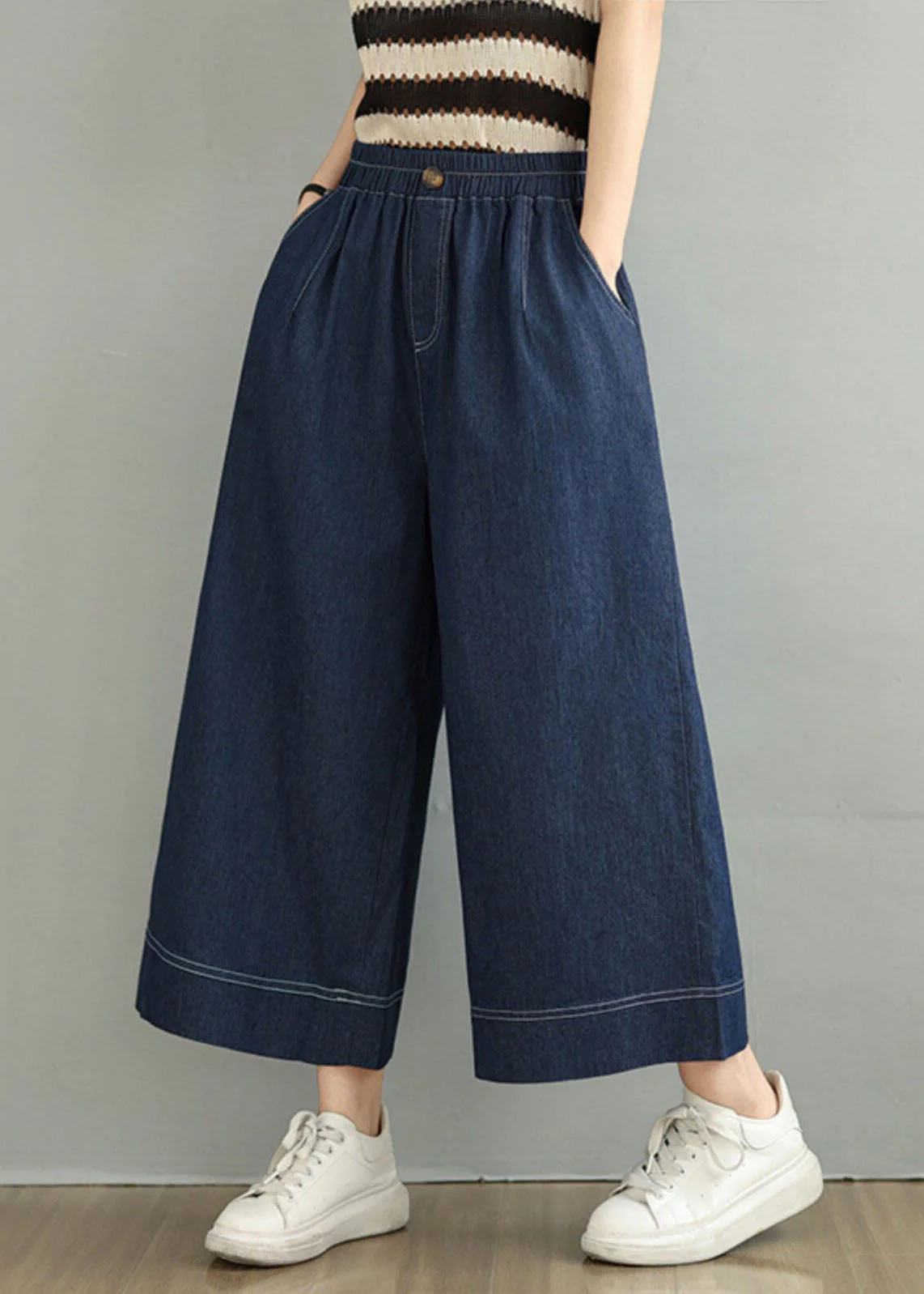 Loose Blue Pockets Elastic Waist Denim Crop Pants Spring - Image 2