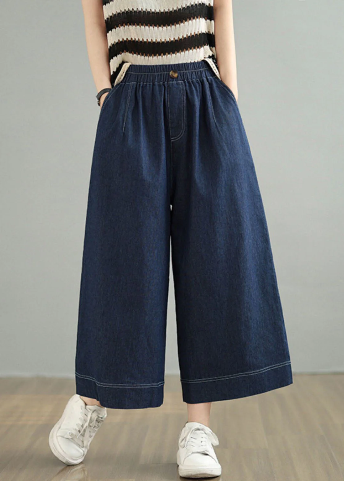 Loose Blue Pockets Elastic Waist Denim Crop Pants Spring - Image 3