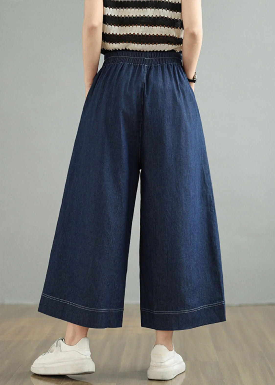 Loose Blue Pockets Elastic Waist Denim Crop Pants Spring - Image 4