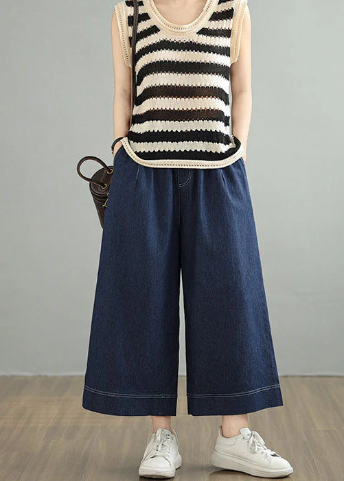 Loose Blue Pockets Elastic Waist Denim Crop Pants Spring - Image 5