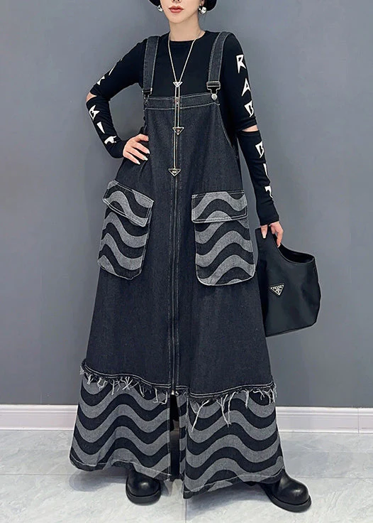 Loose Blue Pockets Patchwork Denim Spaghetti Strap Dress Dresses Fall - Image 2