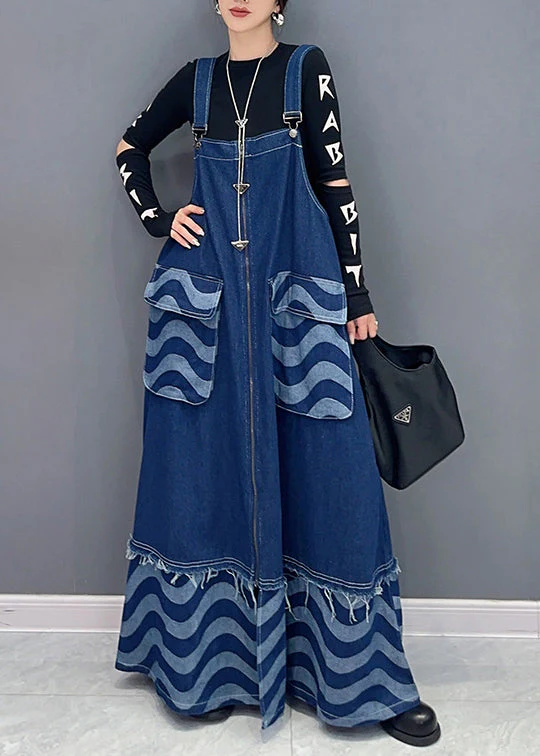 Loose Blue Pockets Patchwork Denim Spaghetti Strap Dress Dresses Fall - Image 3