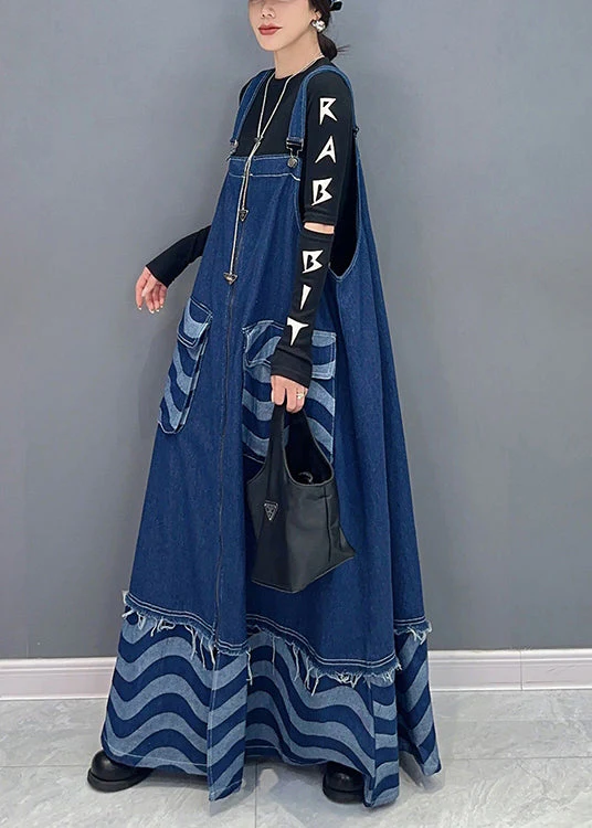 Loose Blue Pockets Patchwork Denim Spaghetti Strap Dress Dresses Fall - Image 4
