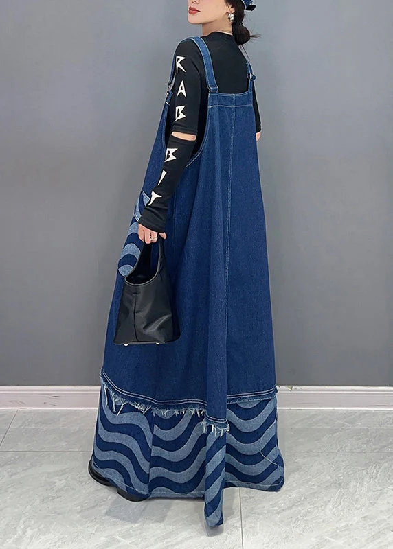 Loose Blue Pockets Patchwork Denim Spaghetti Strap Dress Dresses Fall - Image 5