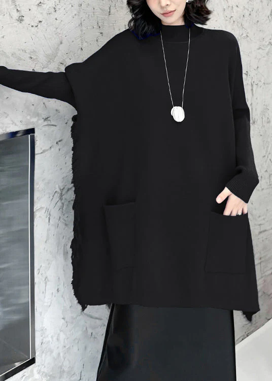 Loose Blue Pockets Side Open Knit Sweater Batwing Sleeve - Image 3