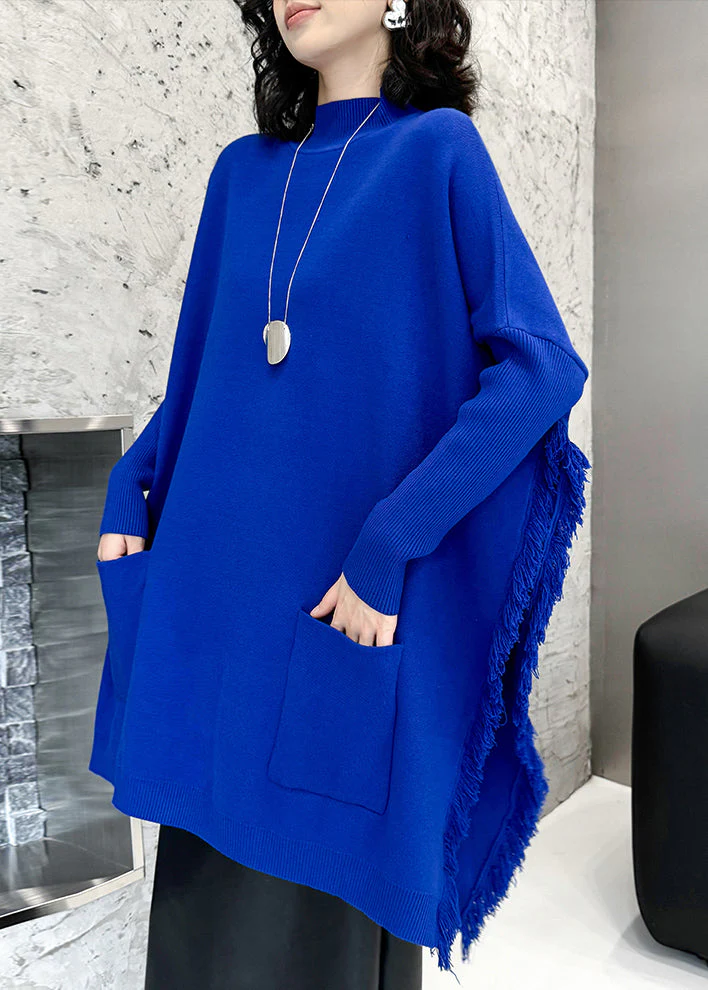 Loose Blue Pockets Side Open Knit Sweater Batwing Sleeve - Image 4