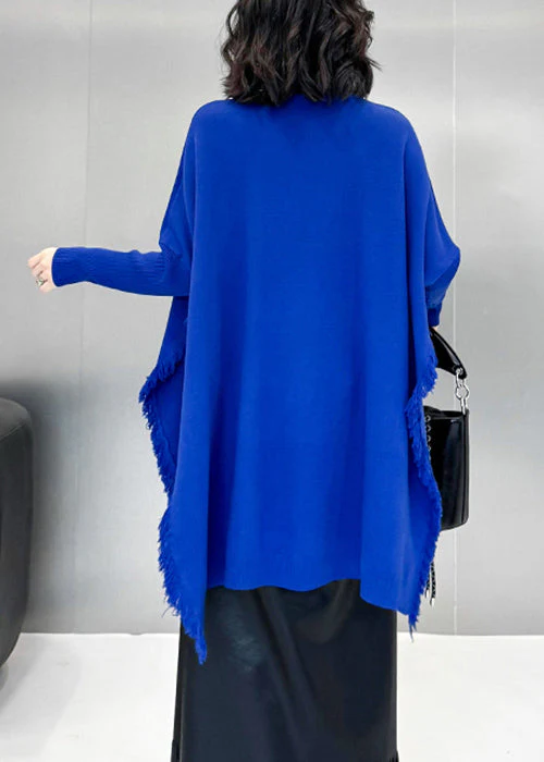 Loose Blue Pockets Side Open Knit Sweater Batwing Sleeve - Image 5