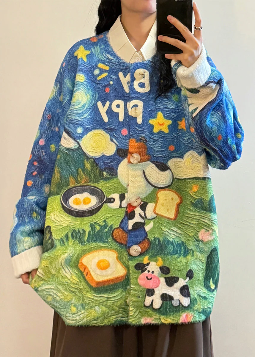 Loose Blue Print Button Cozy Knit Coats Spring - Image 2