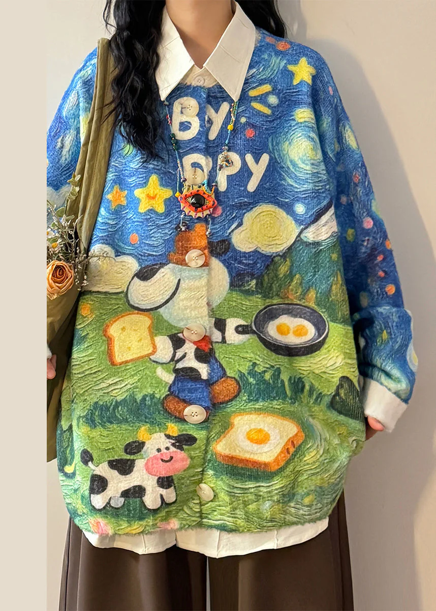 Loose Blue Print Button Cozy Knit Coats Spring - Image 3